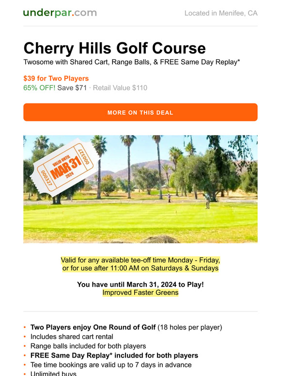 Now Valid until March 31, 2024: Cherry Hills Golf Course - $39 Twosome with Cart, Range Balls, & FREE Replay