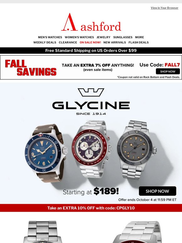 Prices Slashed on GLYCINE Watches / VERSACE Eyewear