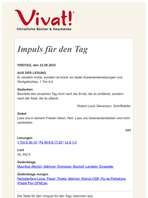 Impuls für FREITAG, den 22.09.2023 - von Vivat!