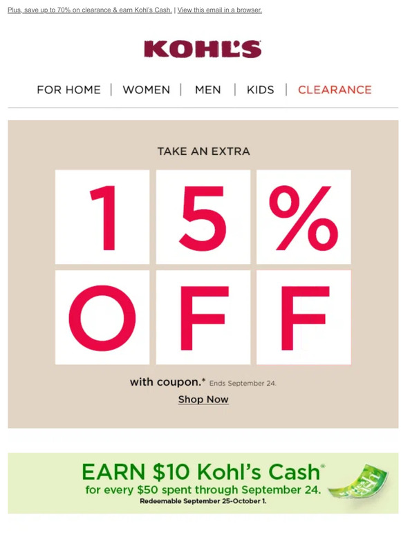 Take 15% off + earn Kohl's Cash  who's ready to shop? 🛍️ - Kohls