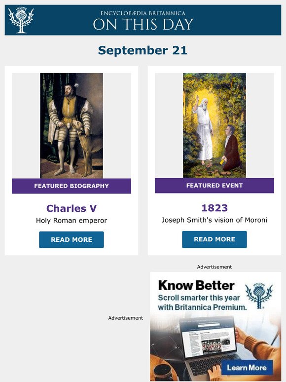 Joseph Smith's vision of Moroni, Charles V is featured, and more from Britannica