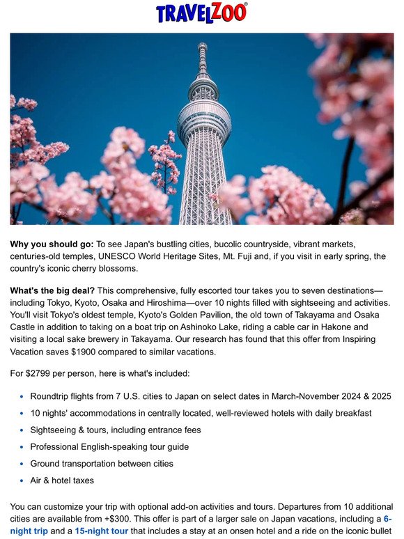 Save $1900—Japan tour w/flights & cherry blossom dates
