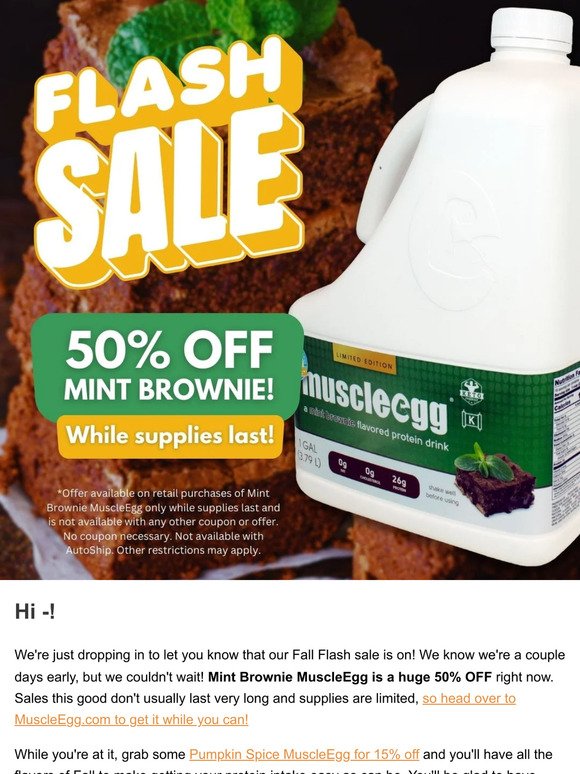 Dropping in to give you 50% OFF Mint Brownie MuscleEgg
