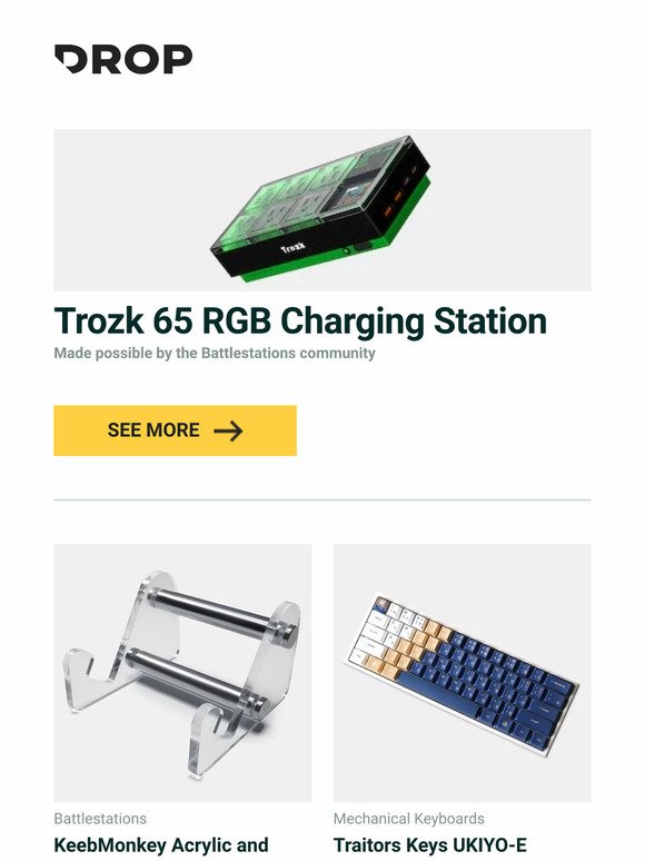 Trozk 65 RGB Charging Station, KeebMonkey Acrylic and Steel Keyboard Display Stand, Traitors Keys UKIYO-E Keycap Set and more...