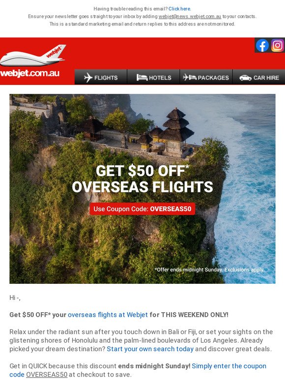 Ends midnight Sunday: Score $50 OFF overseas flights!