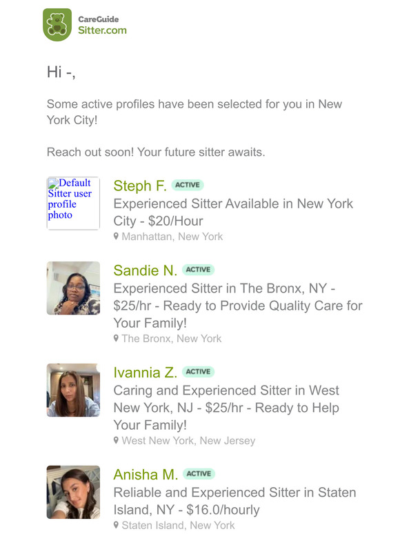 —, 5 new sitters have been selected for you in New York City