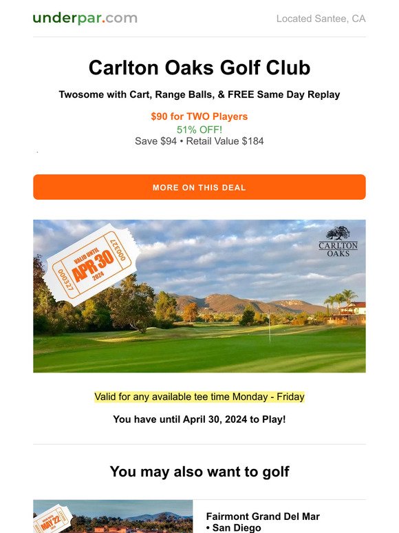 Valid until Apr 30, 2024: Carlton Oaks Golf Club - $90 Twosome with Cart, Range Balls, & FREE Replay