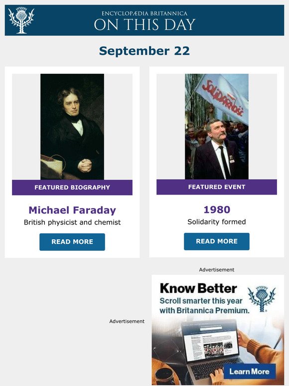 Solidarity formed, Michael Faraday is featured, and more from Britannica