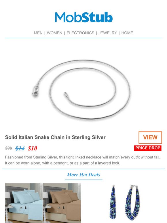 Solid Italian Snake Chain in Sterling Silver - 90% OFF!