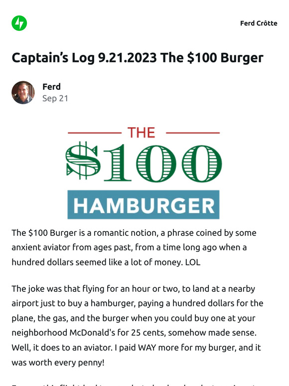 [New post] Captain’s Log 9.21.2023 The $100 Burger