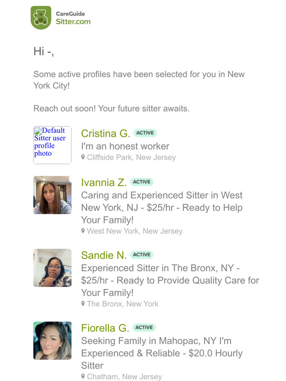—, 5 new sitters have been selected for you in New York City