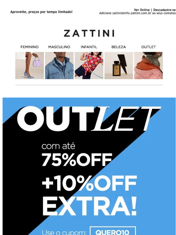Ei, hoje tem Outlet com até 75%OFF + 10% OFF Extra!🎉