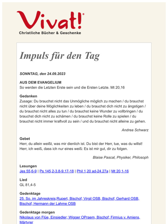 Impuls für SONNTAG, den 24.09.2023 - von Vivat!