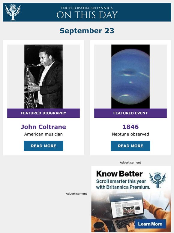 Neptune observed, John Coltrane is featured, and more from Britannica