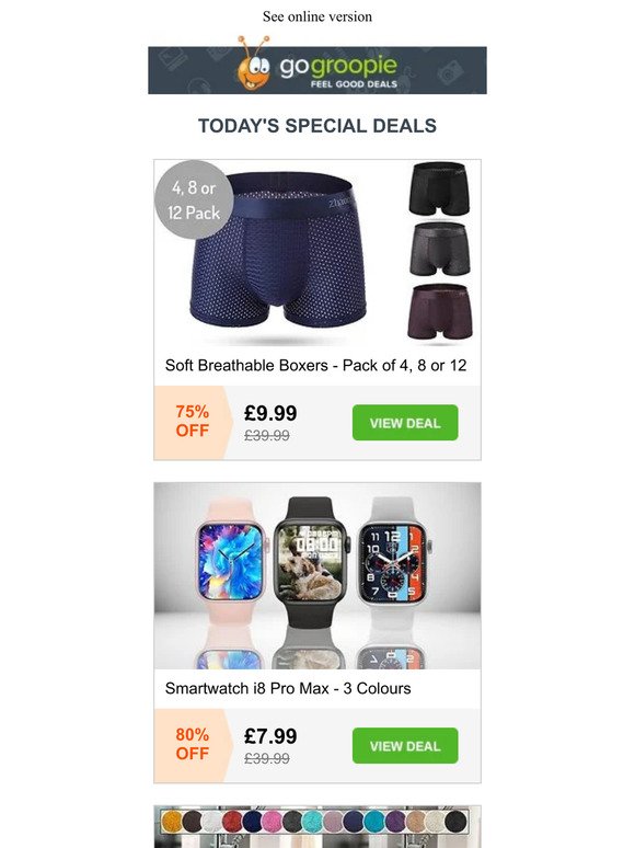 IceMesh Boxers 4pk ONLY £9.99! | i8 Pro Smartwatch £7.99 | 4 Hampton Egyptian Cotton Towels £14.99 | Sapphire Earrings £9.99 | Rechargeable Hair Remover £9.99