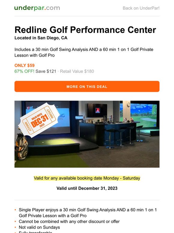 Redline Golf Performance Center: ONLY $59 - 30 min Golf Swing Analysis + 60 min 1 on 1 Private Lesson (San Diego, CA)