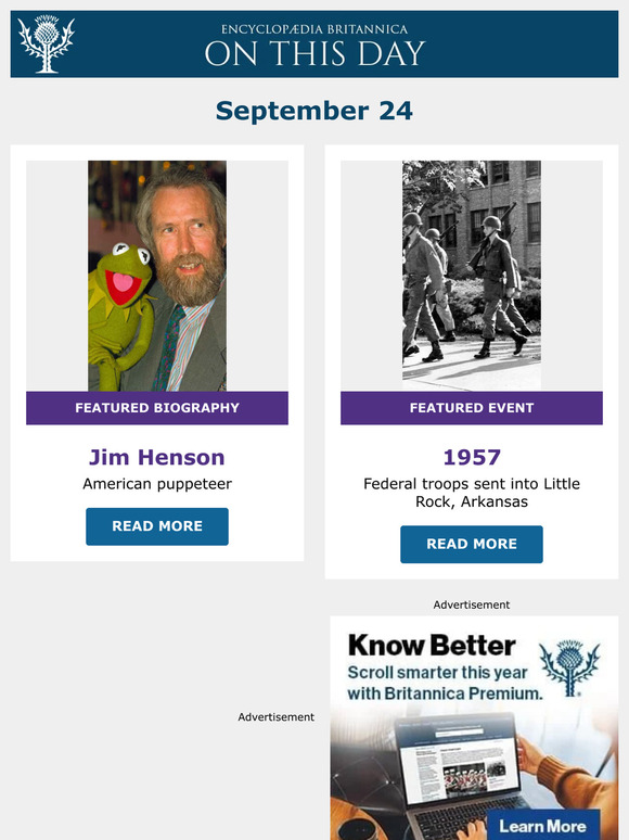Federal troops sent into Little Rock, Arkansas, Jim Henson is featured, and more from Britannica