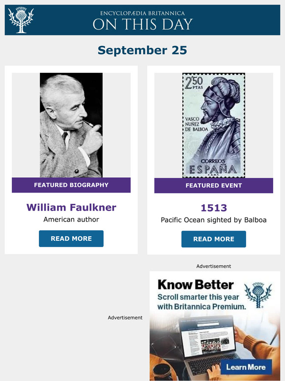 Pacific Ocean sighted by Balboa, William Faulkner is featured, and more from Britannica
