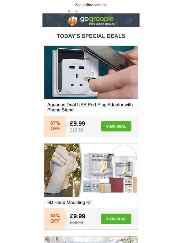 Dual USB Plug Adaptor £9.99 | 3D Hand Moulding Kit £9.99 | 4 Fleece-Lined Leggings £9.99 | Weekly Pill Organiser £4.99 | Luxury Faux Fur Throw £14.99 & Much More!