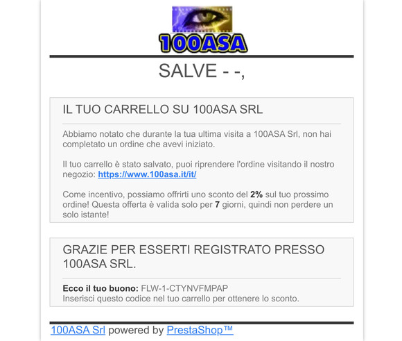 [100ASA Srl] Il tuo carrello e il tuo buono sconto