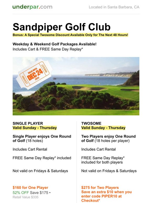Now Valid until Dec 24, 2023: Sandpiper Golf Club - 2 Day Sale! Special Twosome Discount Codes Available