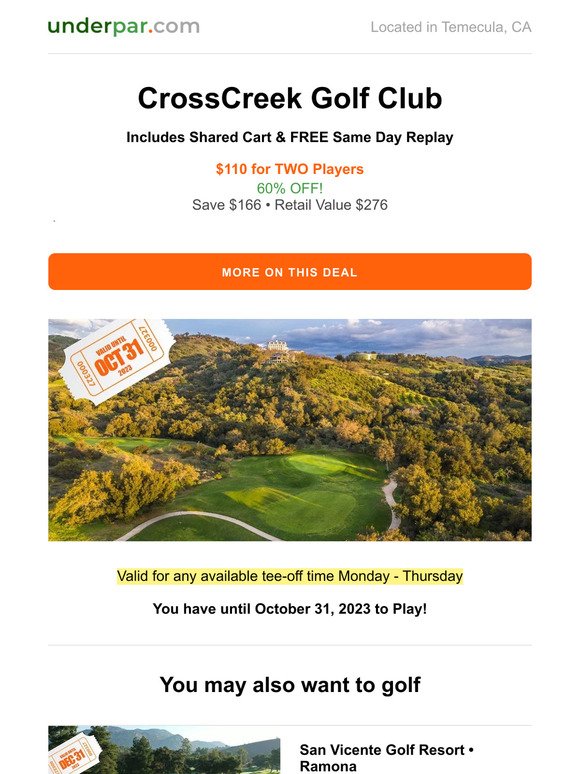 SAVE 60% at CrossCreek Golf Club (Valid until Oct 31, 2023)