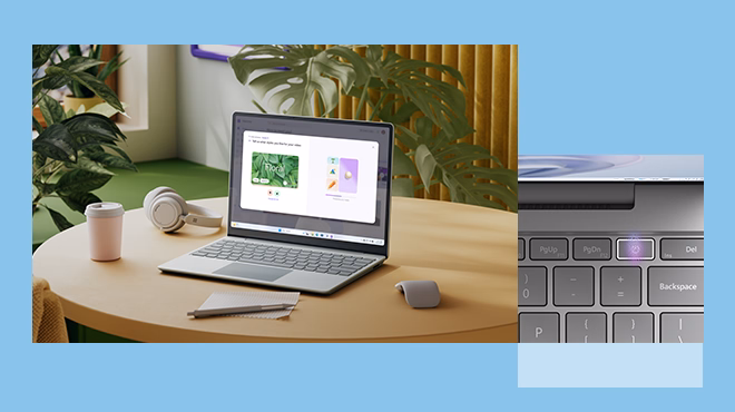 New Surface Laptop Go 3 is open and sits on a desk next to some accessories. Second close-up shot of keyboard. 