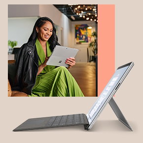 Woman smiling uses Surface Pro 9 as a tablet.  Second profile image of Surface Pro 9 propped up.