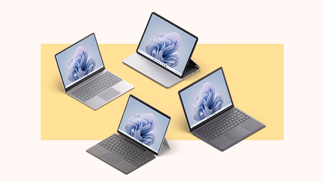 Four Surface devices opened with Windows 11 on screens.
