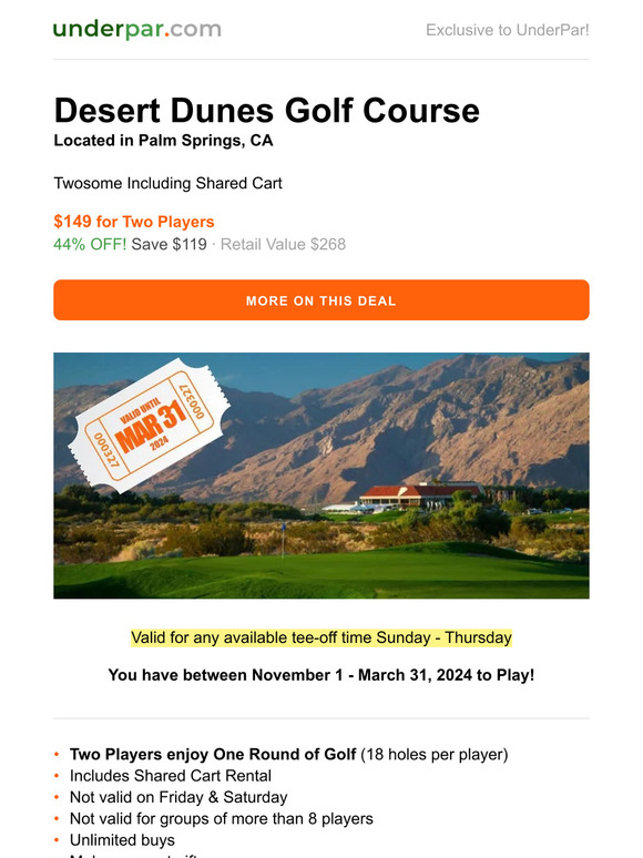 Valid until March 31, 2024: Desert Dunes Golf Course - $149 Twosome with Cart