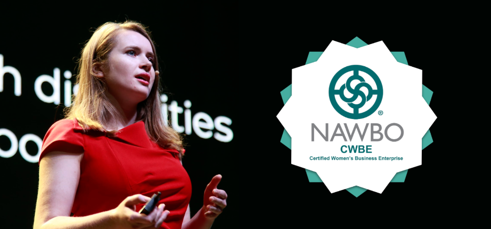 Liz Powers speaking onstage at an event.