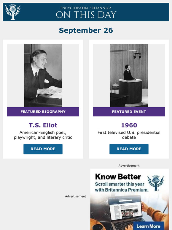 First televised U.S. presidential debate, T.S. Eliot is featured, and more from Britannica