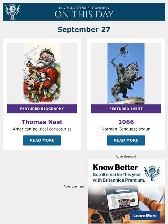 Norman Conquest begun, Thomas Nast is featured, and more from Britannica