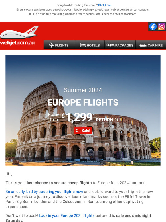 Ends midnight Saturday! $1,299 return to Rome for 2024 travel 🌞