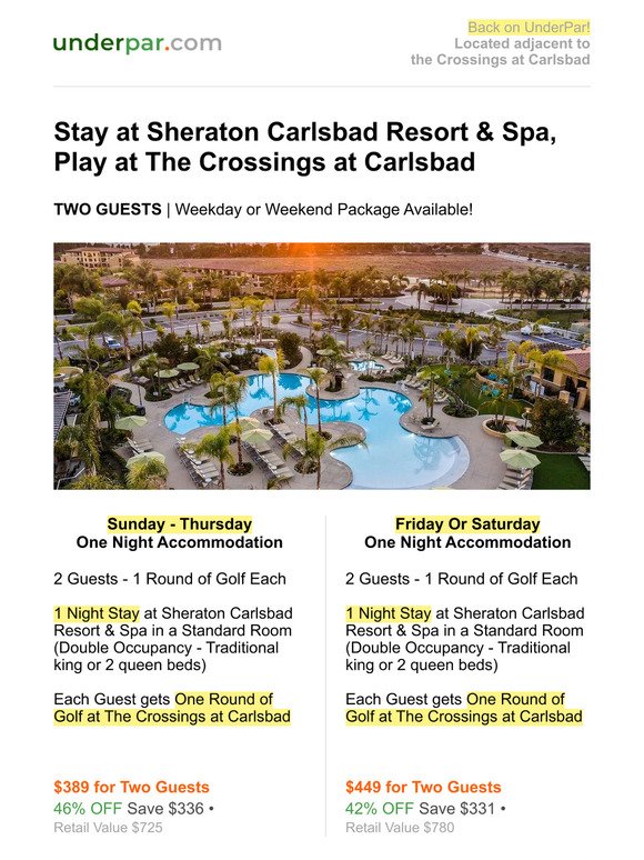 Valid until May 19, 2024: Stay at Sheraton Carlsbad Resort & Spa, Play The Crossings at Carlsbad - 2 Guests | Weekday or Weekend Options!