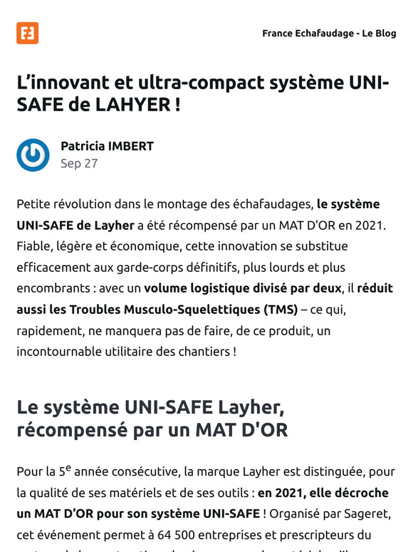 [Nouvel article] L’innovant et ultra-compact système UNI-SAFE de LAHYER !