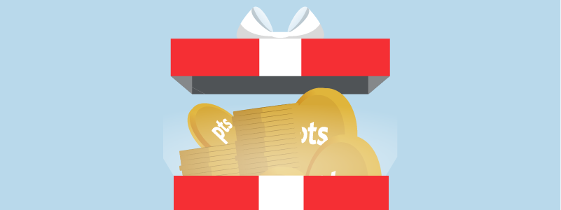 Illustration of a gift box opening up to show points coins inside.