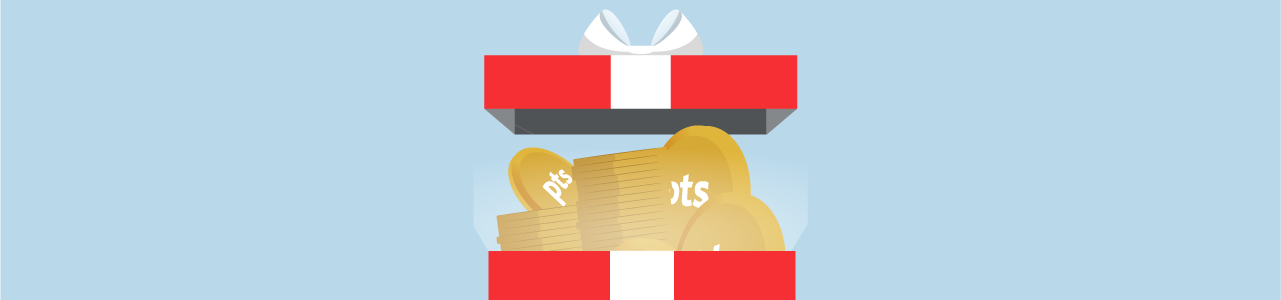 Illustration of a gift box opening up to show points coins inside.