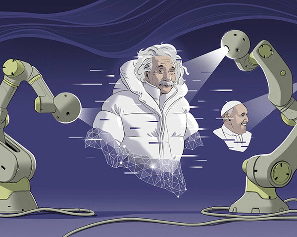 An illustration of two robotic arms that are in the process of creating a hologram of Albert Einstein wearing a white puffy jacket. In the background, another hologram is depicting the head of Pope Francis.