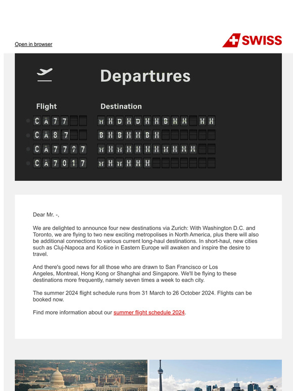 SWISS flying to Washington D.C., Toronto, Cluj-Napoca and Košice from summer 2024