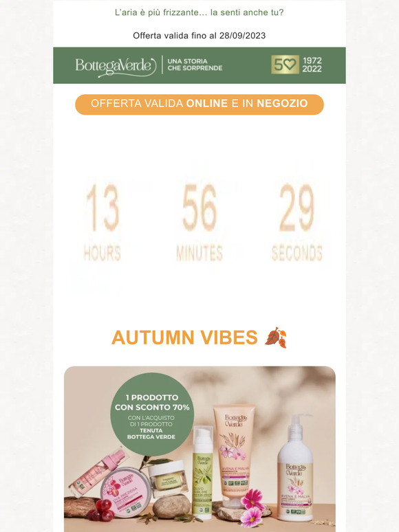 ULTIME ORE -70% su 1 cosmetico con l’acquisto di 1 cosmetico Tenuta Bottega Verde!