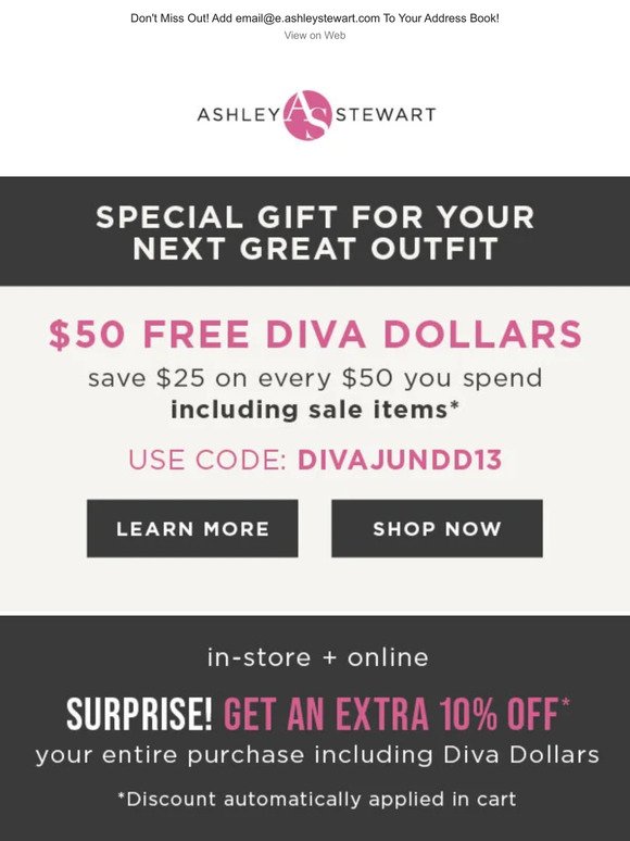 ⏰ TIME TO CASH IN 💰💰 You've earned Diva Dollars + Extra 10% off