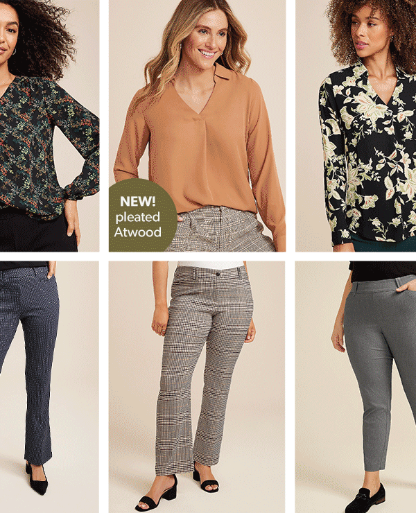 New! Pleated Atwood. Models wearing maurices clothing.