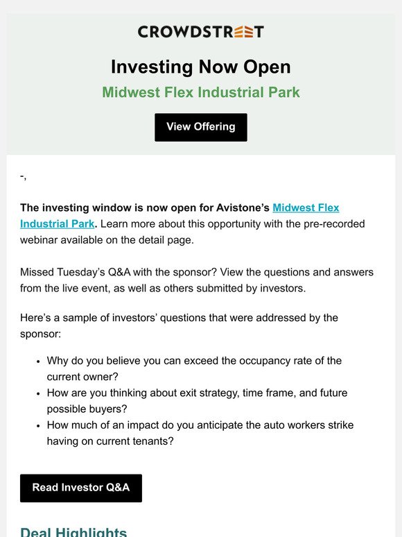 Investing Now Open | Midwest Flex Industrial Park - View the Q&A Transcript