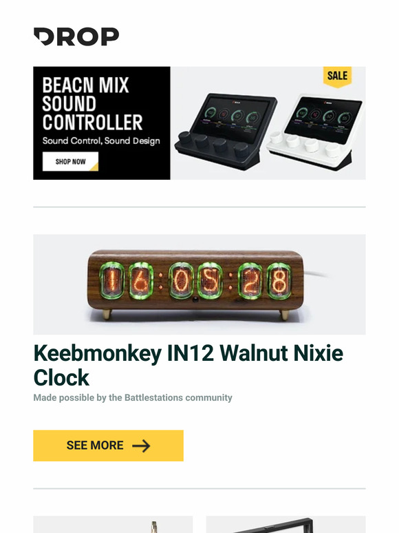 Keebmonkey IN12 Walnut Nixie Clock, Mechcables Blue Samurai Gold CNC-Machined USB Cable, Kaviso Cache EDC Display Valet and more...