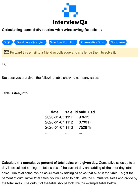 Data Interview Q's: Calculating cumulative sales with windowing ...