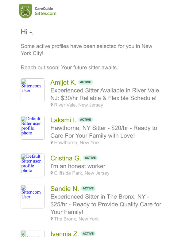 —, 5 new sitters have been selected for you in New York City