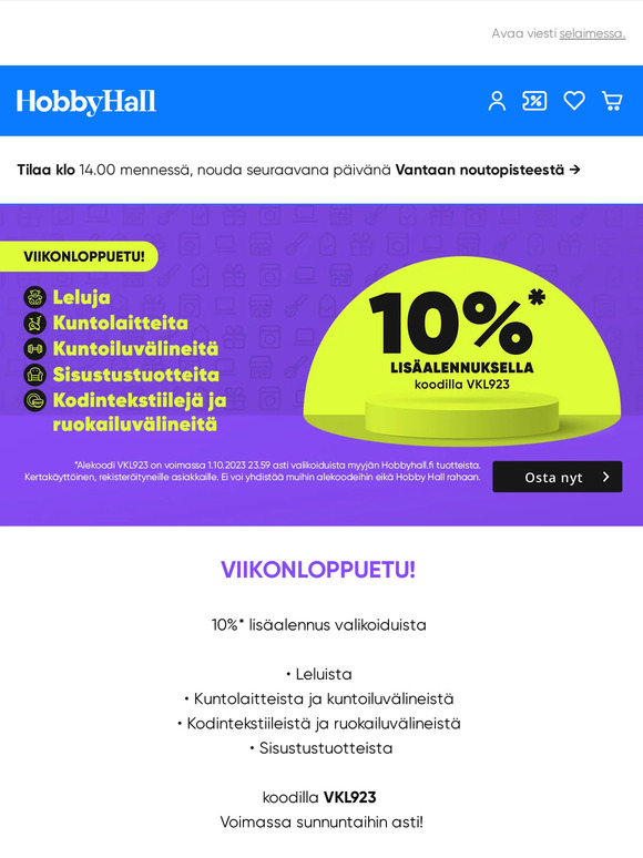 Tuhansista tuotteista 10%* lisäalennus koodilla!