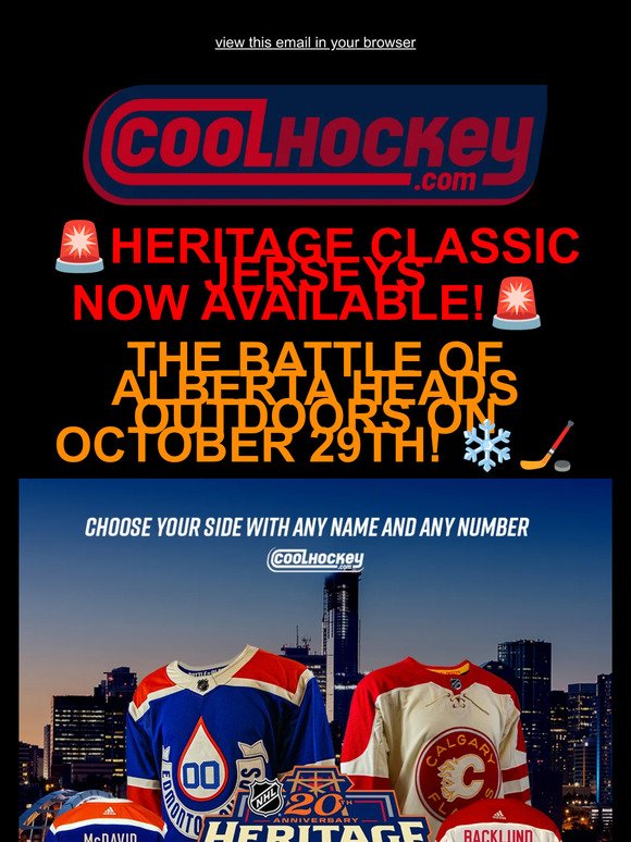 Heritage Classic Jerseys Now Available! 💧🔥 Shop Fully Customizable Flames And Oilers Jerseys