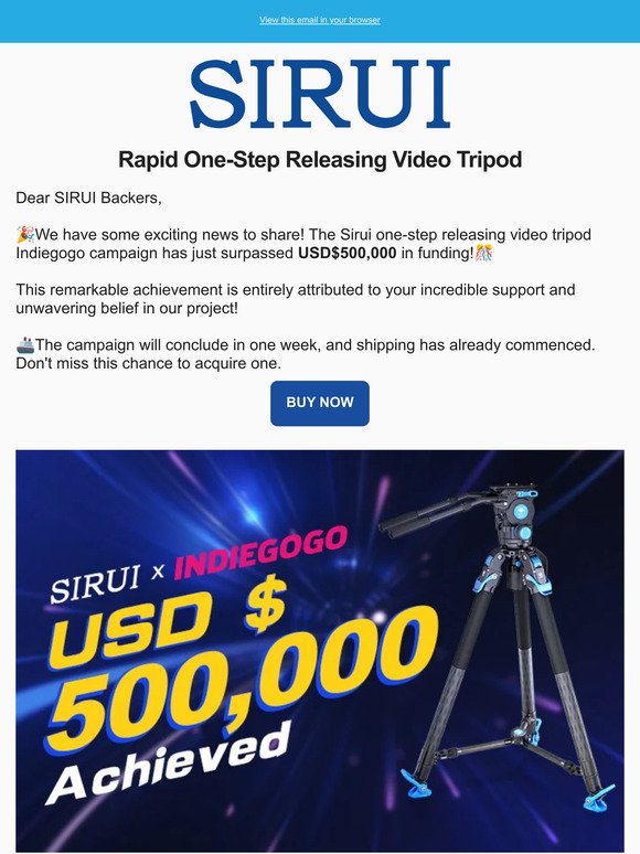 🤩US$500K Achieved!!- SIRUI Rapid Video Tripod